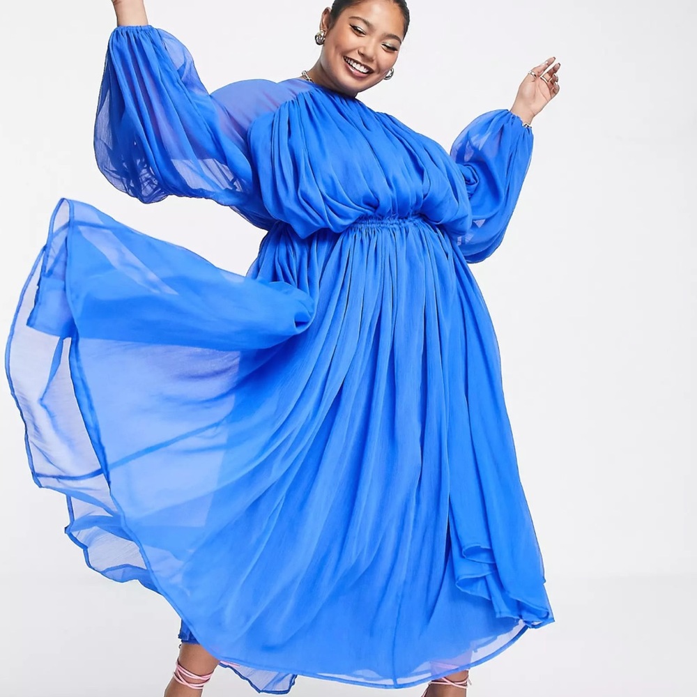 ASOS EDITION Gathered Neck Midi Dress in Bright Blue Size 6